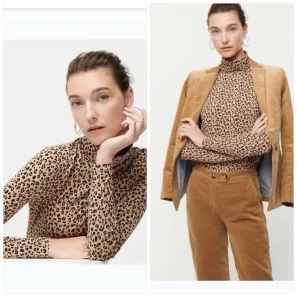 J. Crew Tissue Turtleneck Top In Leopard Print Long Sleeve Top AB907 Sz M